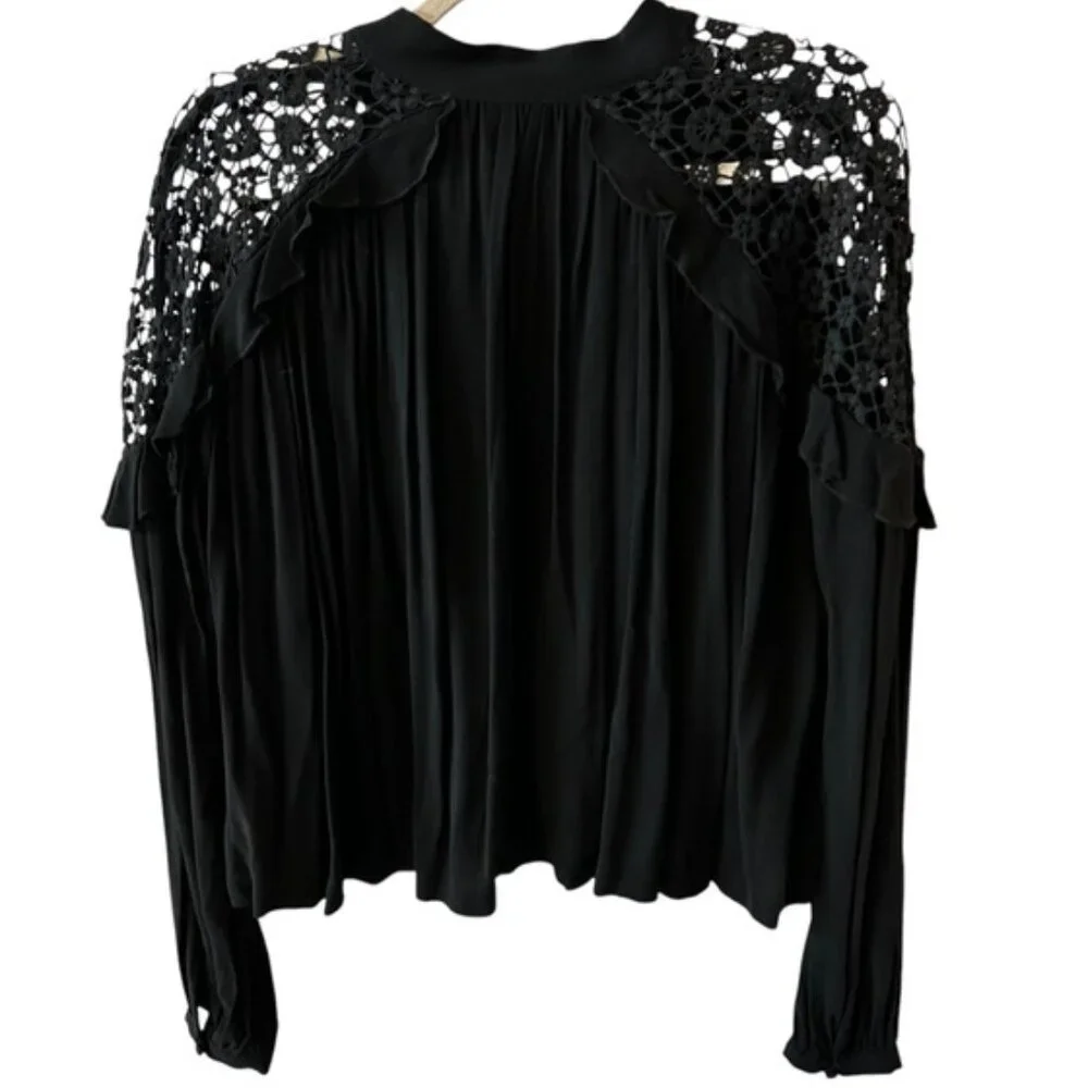 Free People Little Bit of Love Black Lace Ruffle Long Sleeved Blouse EUC Sz XS